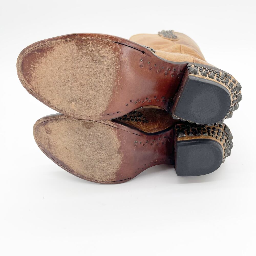 Lucchese Tan Studded Leather Heeled Cowboy Boots - Picture 11 of 11